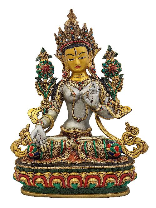 [white Tara], Buddhist Handmade Statue, [partly Gold Plated], [stone Setting, Face Painted] And [traditional Color Finishing]