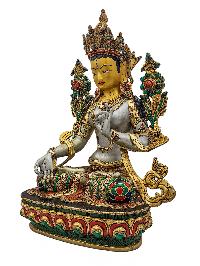 [white Tara], Buddhist Handmade Statue, [partly Gold Plated], [stone Setting, Face Painted] And [traditional Color Finishing]