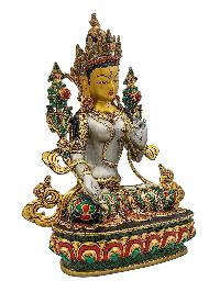 [white Tara], Buddhist Handmade Statue, [partly Gold Plated], [stone Setting, Face Painted] And [traditional Color Finishing]