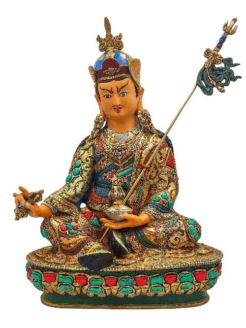 [padmasambhava], Buddhist Handmade Statue, [face Painted], [stone Setting] And [gold Plated]