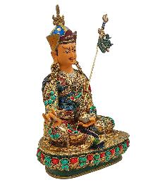 [padmasambhava], Buddhist Handmade Statue, [face Painted], [stone Setting] And [gold Plated]