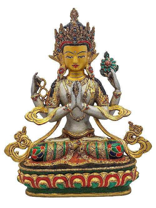 [chenrezig], Buddhist Handmade Statue, [partly Gold Plated], [stone Setting, Face Painted] And [traditional Color Finishing]