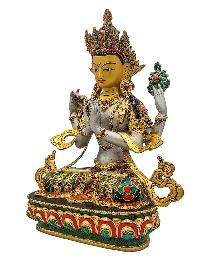 [chenrezig], Buddhist Handmade Statue, [partly Gold Plated], [stone Setting, Face Painted] And [traditional Color Finishing]