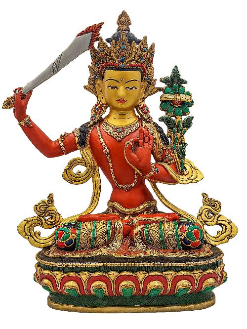 [manjushri], Buddhist Handmade Statue, [partly Gold Plated], [stone Setting, Face Painted] And [traditional Color Finishing]