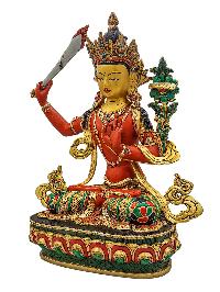 [manjushri], Buddhist Handmade Statue, [partly Gold Plated], [stone Setting, Face Painted] And [traditional Color Finishing]