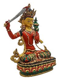 [manjushri], Buddhist Handmade Statue, [partly Gold Plated], [stone Setting, Face Painted] And [traditional Color Finishing]