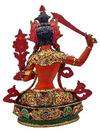 [manjushri], Buddhist Handmade Statue, [partly Gold Plated], [stone Setting, Face Painted] And [traditional Color Finishing]