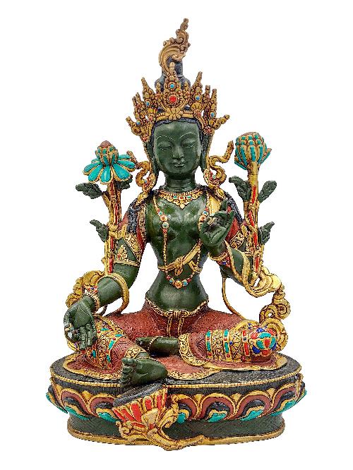 [green Tara], Buddhist Handmade Statue, [partly Gold Plated], [stone Setting] And [traditional Color Finishing]