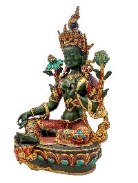 [green Tara], Buddhist Handmade Statue, [partly Gold Plated], [stone Setting] And [traditional Color Finishing]