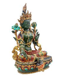 [green Tara], Buddhist Handmade Statue, [partly Gold Plated], [stone Setting] And [traditional Color Finishing]