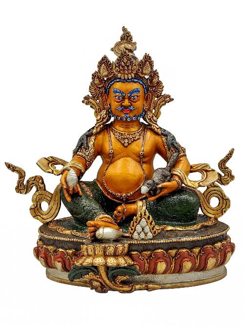 [yellow Jambhala], Buddhist Handmade Statue, [partly Gold Plated], [stone Setting, Face Painted] And [traditional Color Finishing]