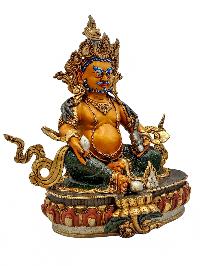 [yellow Jambhala], Buddhist Handmade Statue, [partly Gold Plated], [stone Setting, Face Painted] And [traditional Color Finishing]