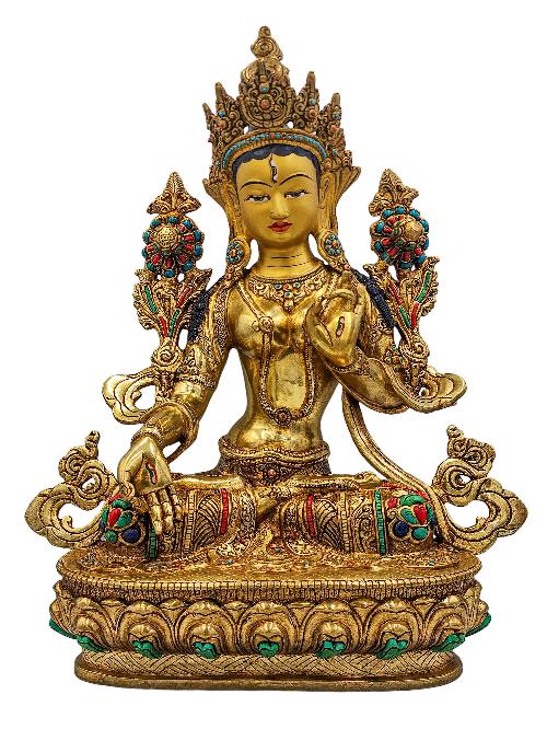 [white Tara], Buddhist Handmade Statue, [face Painted], [stone Setting] And [gold Plated]