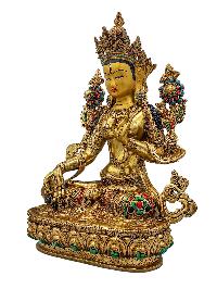 [white Tara], Buddhist Handmade Statue, [face Painted], [stone Setting] And [gold Plated]