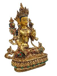 [white Tara], Buddhist Handmade Statue, [face Painted], [stone Setting] And [gold Plated]