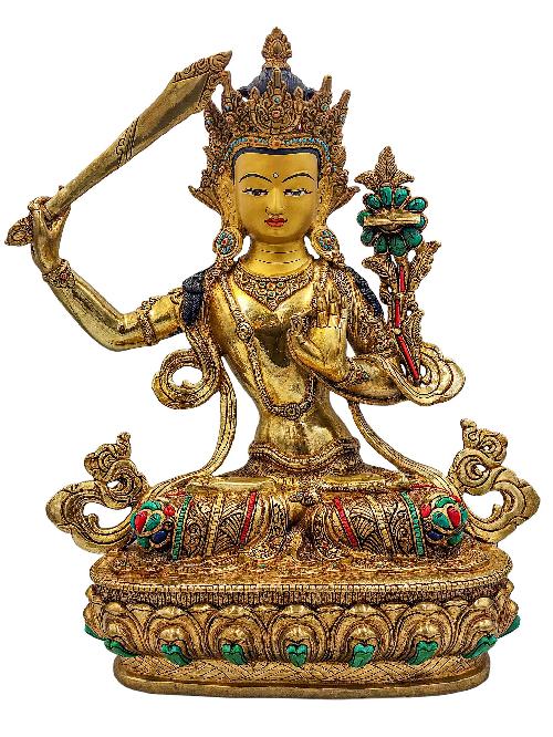 [manjushree], Buddhist Handmade Statue, [face Painted], [stone Setting] And [gold Plated]