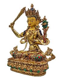 [manjushree], Buddhist Handmade Statue, [face Painted], [stone Setting] And [gold Plated]