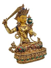 [manjushree], Buddhist Handmade Statue, [face Painted], [stone Setting] And [gold Plated]