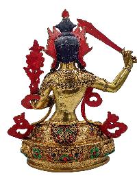 [manjushree], Buddhist Handmade Statue, [face Painted], [stone Setting] And [gold Plated]