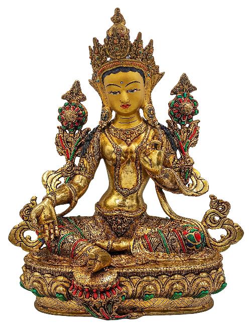 [green Tara], Buddhist Handmade Statue, [face Painted], [stone Setting] And [gold Plated]