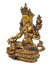 [green Tara], Buddhist Handmade Statue, [face Painted], [stone Setting] And [gold Plated]