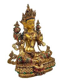 [green Tara], Buddhist Handmade Statue, [face Painted], [stone Setting] And [gold Plated]