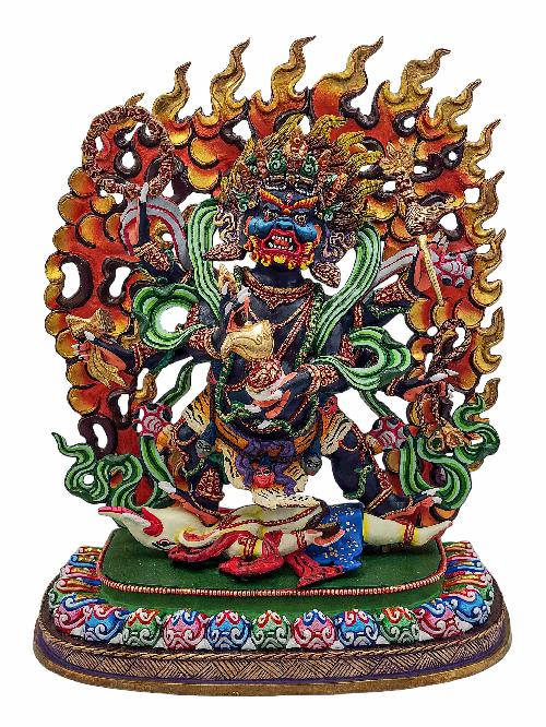 [mahakala Black], Buddhist Handmade Statue, [partly Gold Plated], [stone Setting] And [traditional Color Finishing]