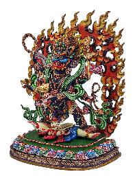 [mahakala Black], Buddhist Handmade Statue, [partly Gold Plated], [stone Setting] And [traditional Color Finishing]