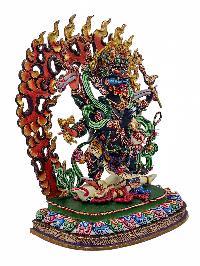 [mahakala Black], Buddhist Handmade Statue, [partly Gold Plated], [stone Setting] And [traditional Color Finishing]