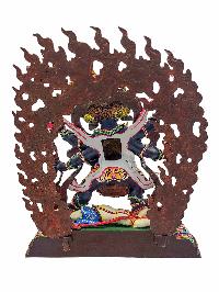 [mahakala Black], Buddhist Handmade Statue, [partly Gold Plated], [stone Setting] And [traditional Color Finishing]