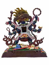 [mahakala Black], Buddhist Handmade Statue, [partly Gold Plated], [stone Setting] And [traditional Color Finishing]