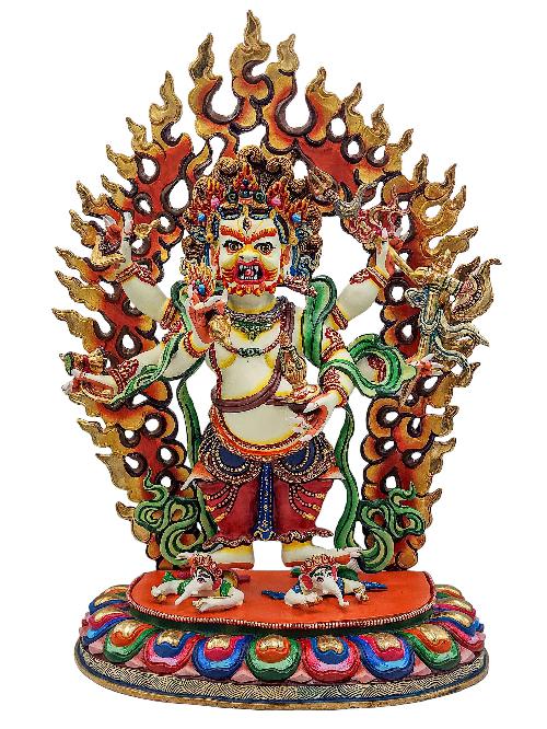 [white Mahakala], Buddhist Handmade Statue, [partly Gold Plated], [stone Setting] And [traditional Color Finishing]