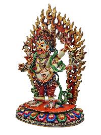 [white Mahakala], Buddhist Handmade Statue, [partly Gold Plated], [stone Setting] And [traditional Color Finishing]