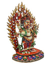 [white Mahakala], Buddhist Handmade Statue, [partly Gold Plated], [stone Setting] And [traditional Color Finishing]