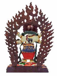 [white Mahakala], Buddhist Handmade Statue, [partly Gold Plated], [stone Setting] And [traditional Color Finishing]