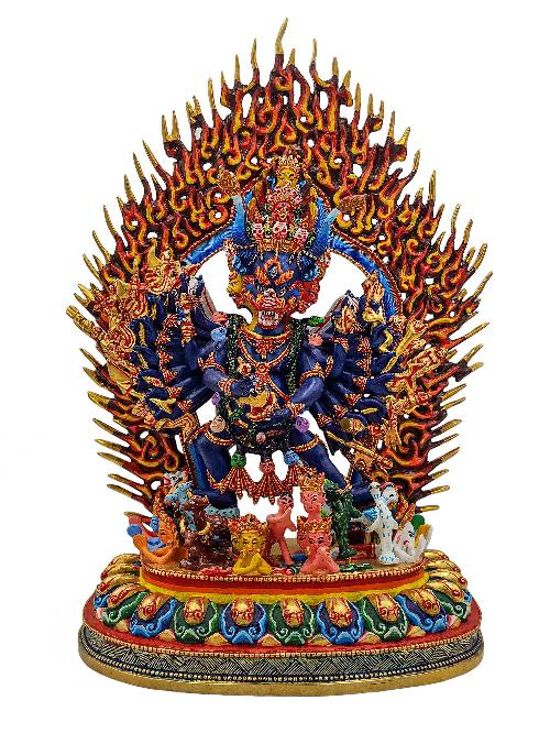 [yamantaka], Buddhist Handmade Statue, [partly Gold Plated], [stone Setting] And [traditional Color Finishing]