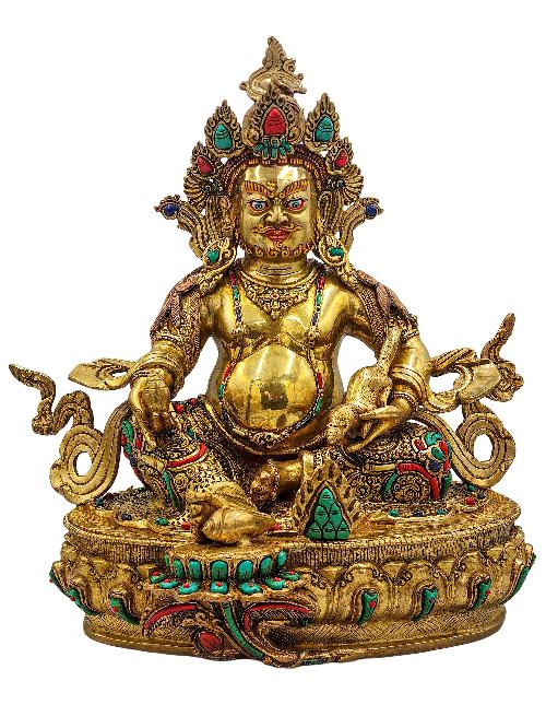 [yellow Jambhala], Buddhist Handmade Statue, [face Painted], [stone Setting] And [gold Plated]