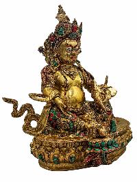 [yellow Jambhala], Buddhist Handmade Statue, [face Painted], [stone Setting] And [gold Plated]