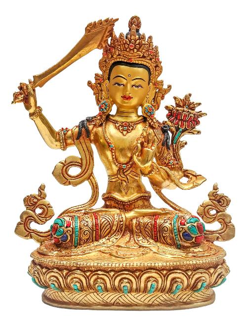 [manjushri], Buddhist Handmade Statue, [face Painted], [stone Setting] And [gold Plated]