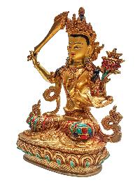 [manjushri], Buddhist Handmade Statue, [face Painted], [stone Setting] And [gold Plated]