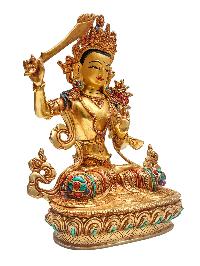 [manjushri], Buddhist Handmade Statue, [face Painted], [stone Setting] And [gold Plated]