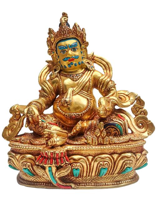 [yellow Jambhala], Buddhist Handmade Statue, [face Painted], [stone Setting] And [gold Plated]