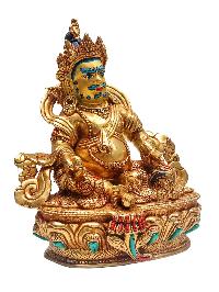 [yellow Jambhala], Buddhist Handmade Statue, [face Painted], [stone Setting] And [gold Plated]