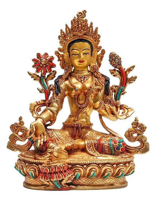 [green Tara], Buddhist Handmade Statue, [face Painted], [stone Setting] And [gold Plated]