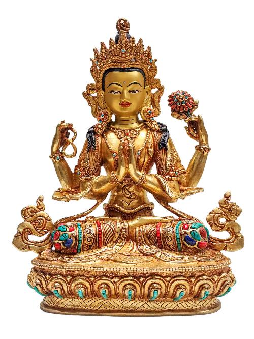 [chenrezig], Buddhist Handmade Statue, [face Painted], [stone Setting] And [gold Plated]