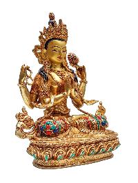 [chenrezig], Buddhist Handmade Statue, [face Painted], [stone Setting] And [gold Plated]