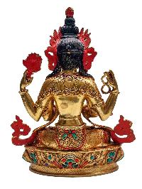 [chenrezig], Buddhist Handmade Statue, [face Painted], [stone Setting] And [gold Plated]