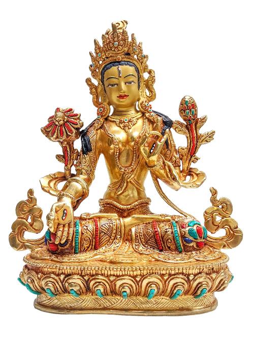 [white Tara], Buddhist Handmade Statue, [face Painted], [stone Setting] And [gold Plated]