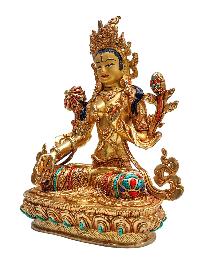 [white Tara], Buddhist Handmade Statue, [face Painted], [stone Setting] And [gold Plated]