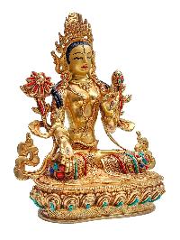 [white Tara], Buddhist Handmade Statue, [face Painted], [stone Setting] And [gold Plated]